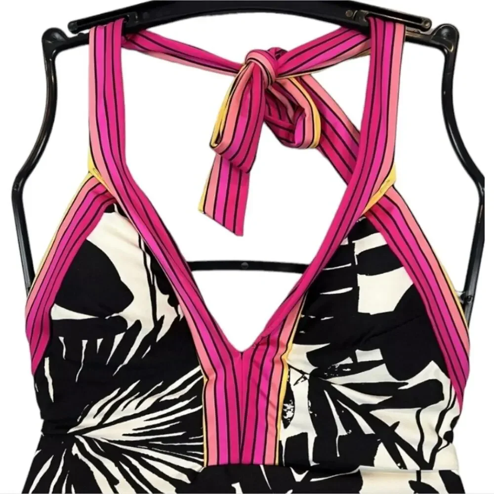 Trina Turk Lennox Plunge Pink One Piece Swimsuit Black White Pink Size 14 NWT